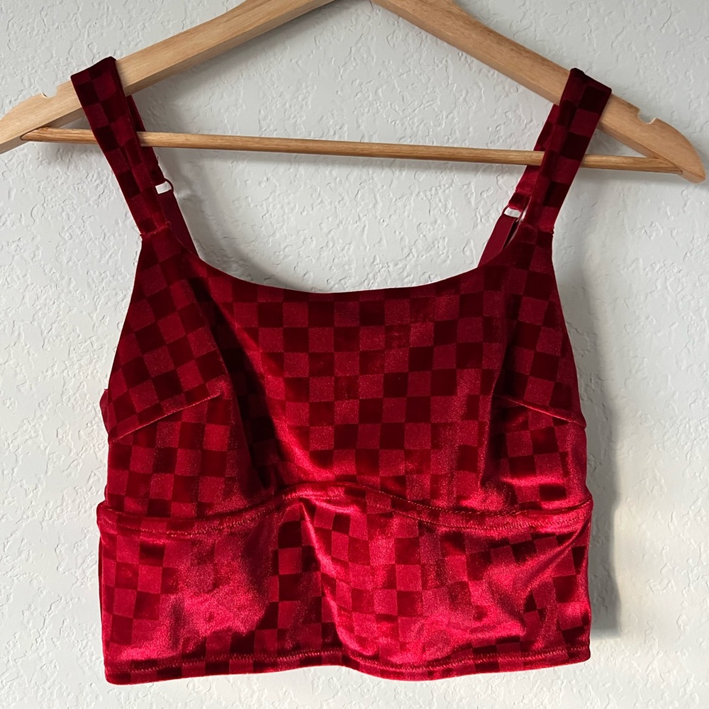 Colsie Crushed Velvet Red Checkered Top